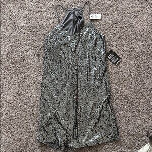 Express Silver Sequin Halter Dress